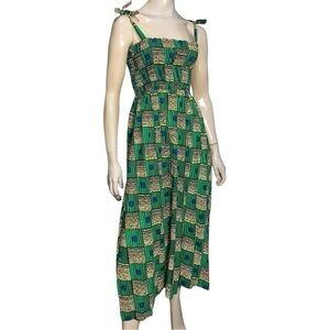 Royal Native Women’s Size S Green Bricks Cotton African Tie Shoulder Dress